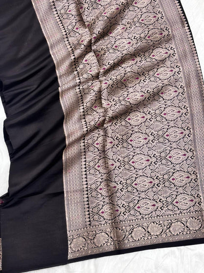Pure Chiniya Silk Saree in Classic Black with Elegant Booti Weaving - Salam Silk Sarees