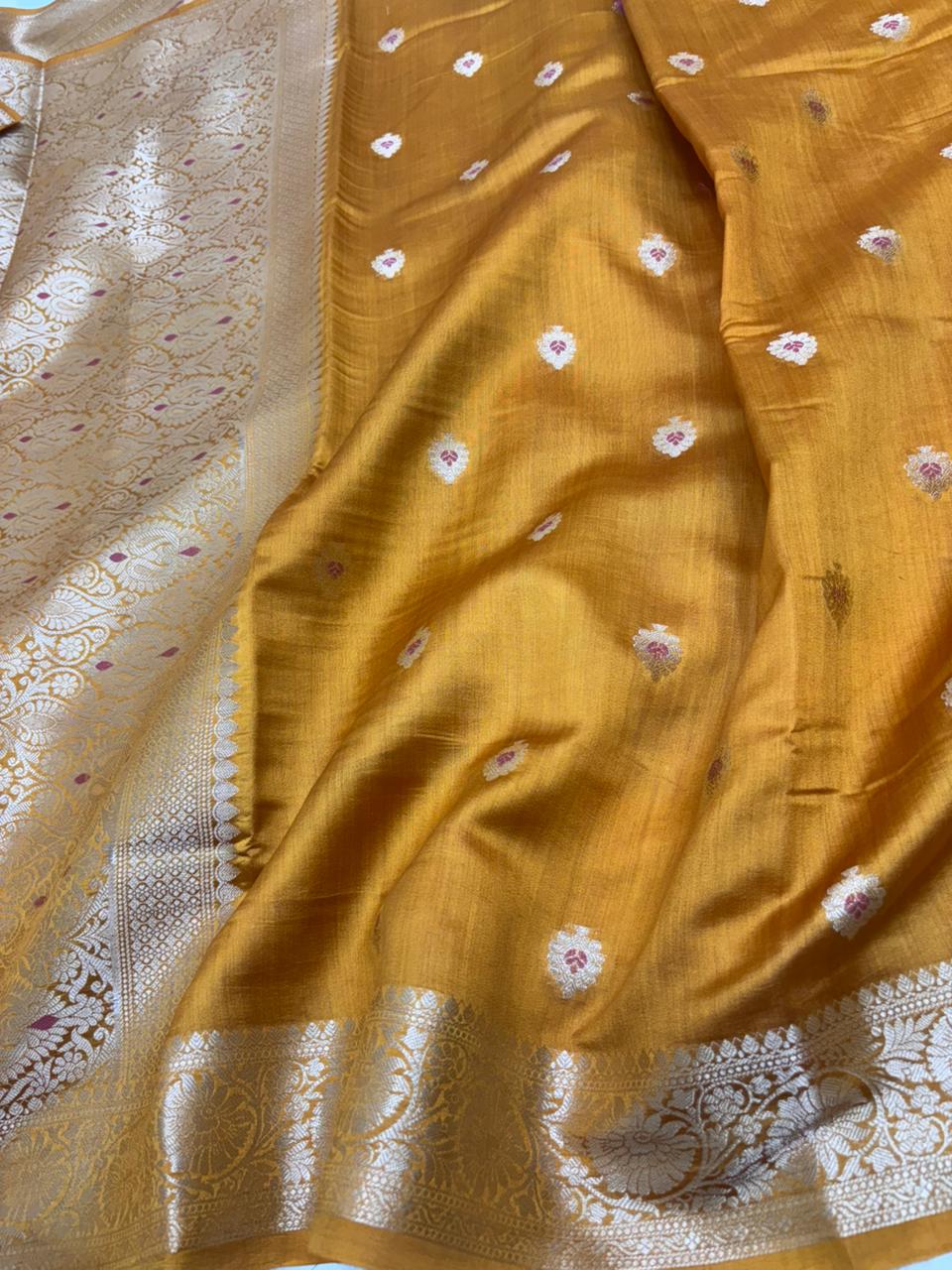 Pure Chiniya Silk Saree in Mustard Brown with Subtle Booti Weaving - Salam Silk Sarees