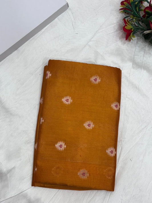 Pure Chiniya Silk Saree in Mustard Brown with Subtle Booti Weaving - Salam Silk Sarees