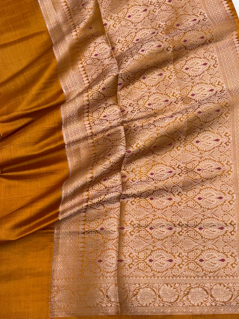 Pure Chiniya Silk Saree in Mustard Brown with Subtle Booti Weaving - Salam Silk Sarees