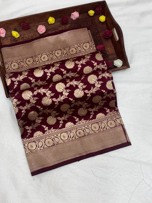 Pure Katan Silk Saree in Deep Maroon with Antique Gold Zari Work - Salam Silk Sarees