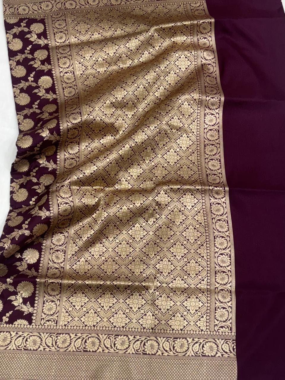 Pure Katan Silk Saree in Deep Maroon with Antique Gold Zari Work - Salam Silk Sarees