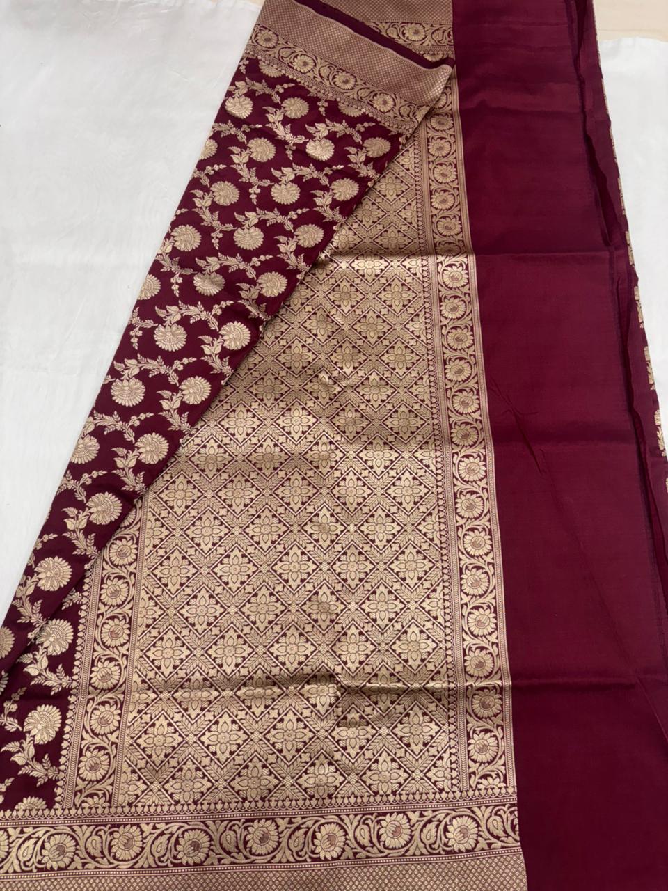 Pure Katan Silk Saree in Deep Maroon with Antique Gold Zari Work - Salam Silk Sarees