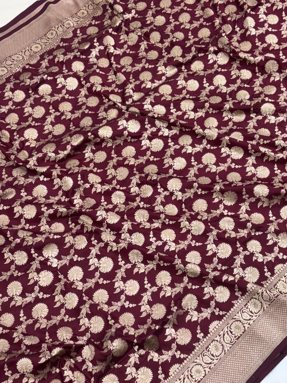 Pure Katan Silk Saree in Deep Maroon with Antique Gold Zari Work - Salam Silk Sarees