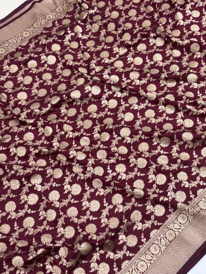 Pure Katan Silk Saree in Deep Maroon with Antique Gold Zari Work - Salam Silk Sarees