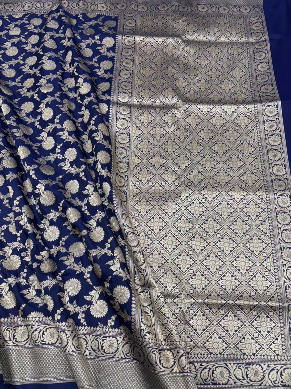 Pure Katan Silk Saree in Navy Blue with Antique Gold Zari Jaal - Salam Silk Sarees