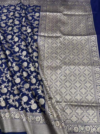 Pure Katan Silk Saree in Navy Blue with Antique Gold Zari Jaal - Salam Silk Sarees