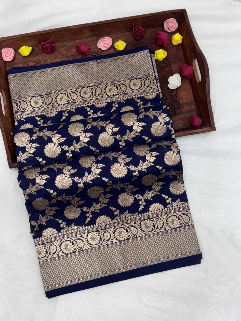 Pure Katan Silk Saree in Navy Blue with Antique Gold Zari Jaal - Salam Silk Sarees