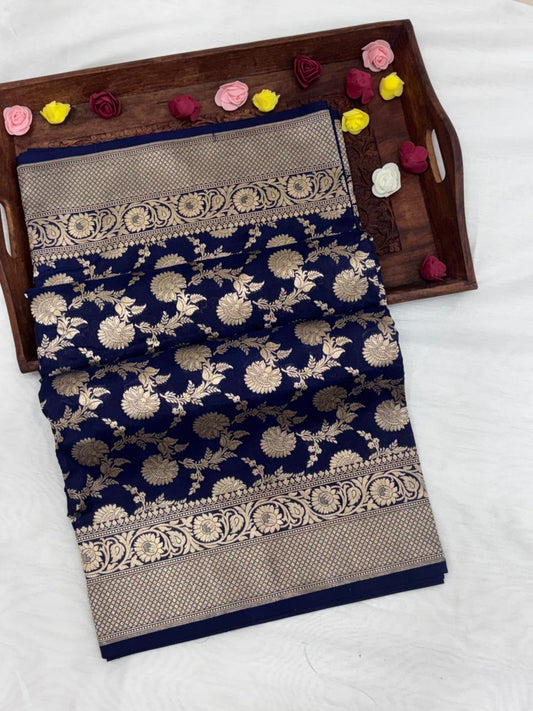 Pure Katan Silk Saree in Navy Blue with Antique Gold Zari Jaal - Salam Silk Sarees