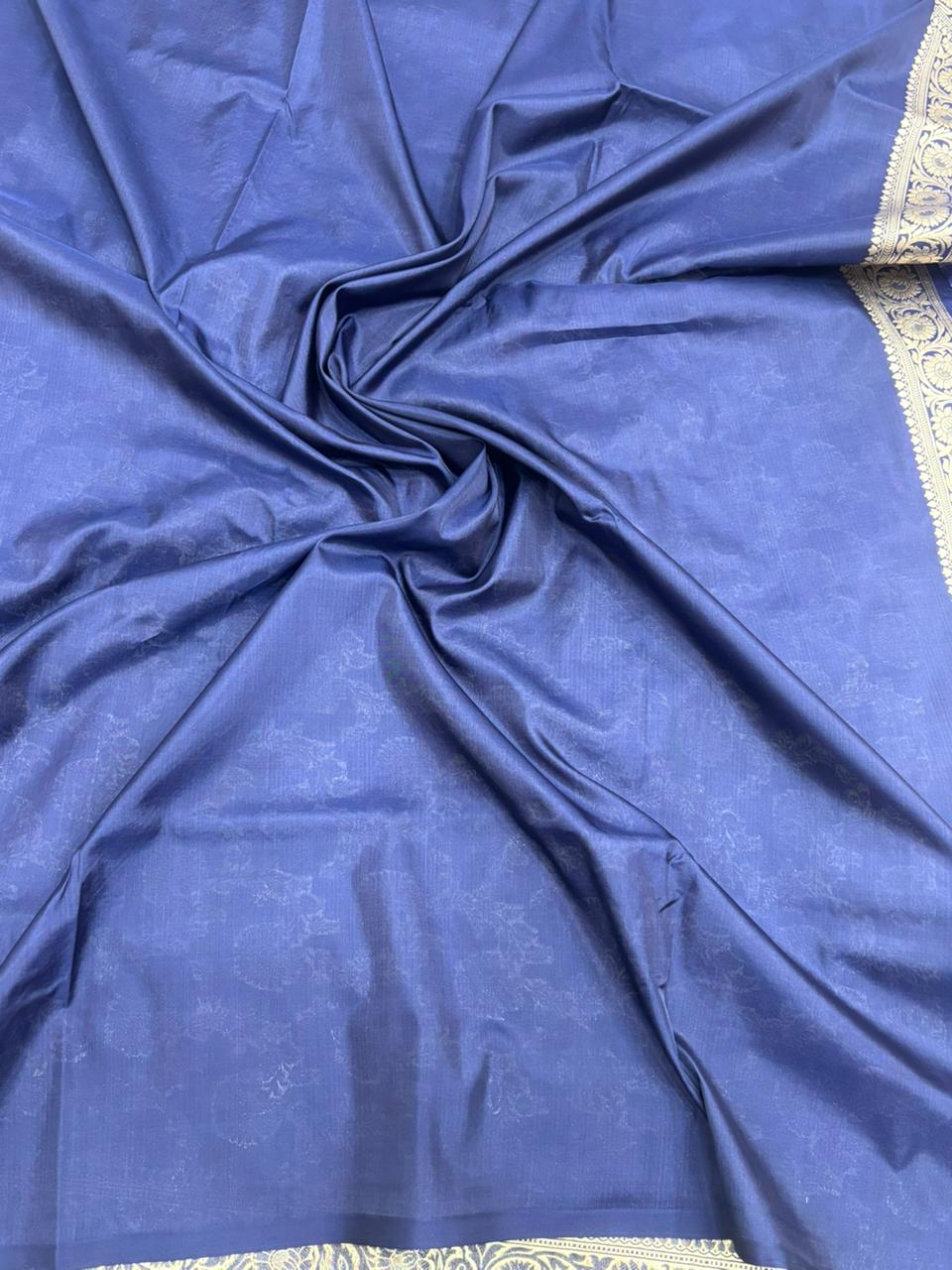Pure Katan Silk Saree in Navy Blue with Antique Gold Zari Jaal - Salam Silk Sarees