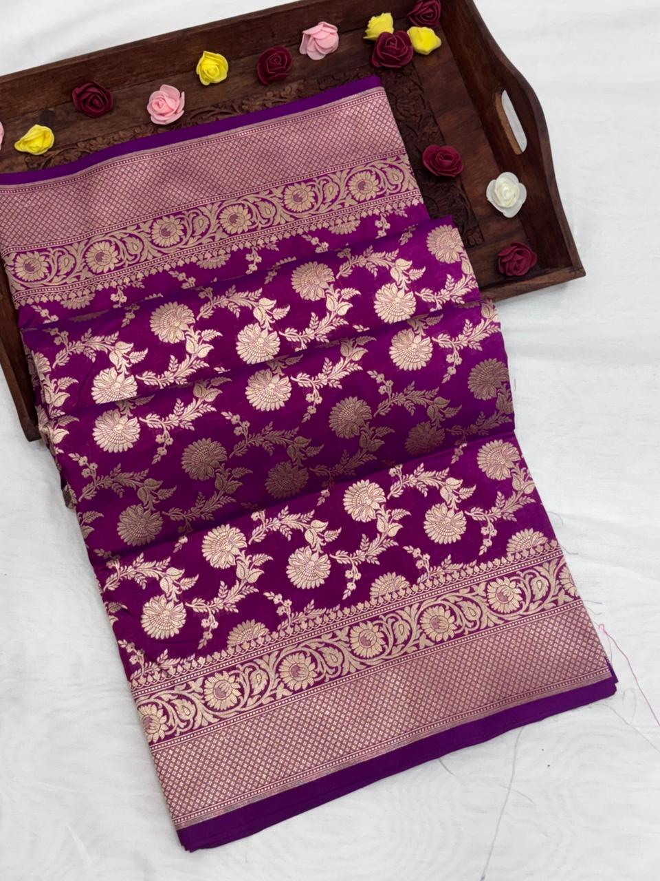 Pure Katan Silk Saree in Royal Purple with Antique Gold Zari Jaal - Salam Silk Sarees