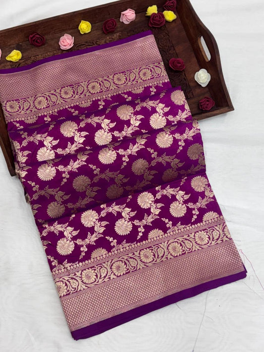 Pure Katan Silk Saree in Royal Purple with Antique Gold Zari Jaal - Salam Silk Sarees