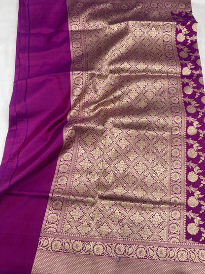 Pure Katan Silk Saree in Royal Purple with Antique Gold Zari Jaal - Salam Silk Sarees