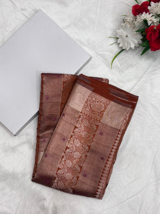 Pure Moonga tissue silk Banarasi saree copper front view