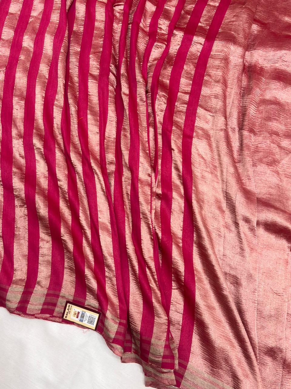 Rani Pink Pure Moonga Silk Stripe Saree with Gold Zari Stripes - Salam Silk Sarees