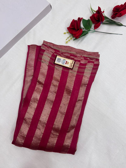 Rani Pink Pure Moonga Silk Stripe Saree with Gold Zari Stripes - Salam Silk Sarees