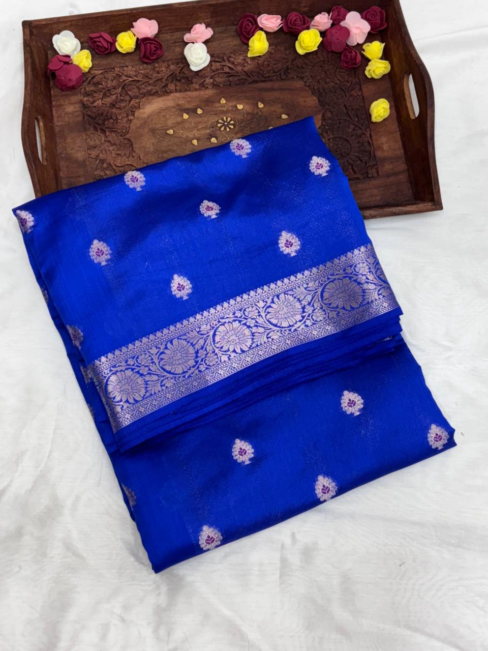 Royal Blue Chiniya Silk Saree with Silver Zari Motifs - Salam Silk Sarees