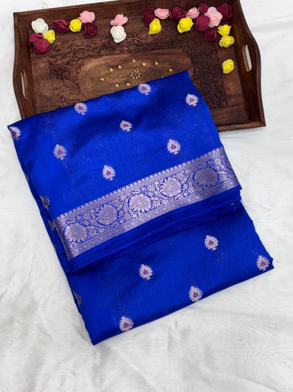 Royal Blue Chiniya Silk Saree with Silver Zari Motifs - Salam Silk Sarees