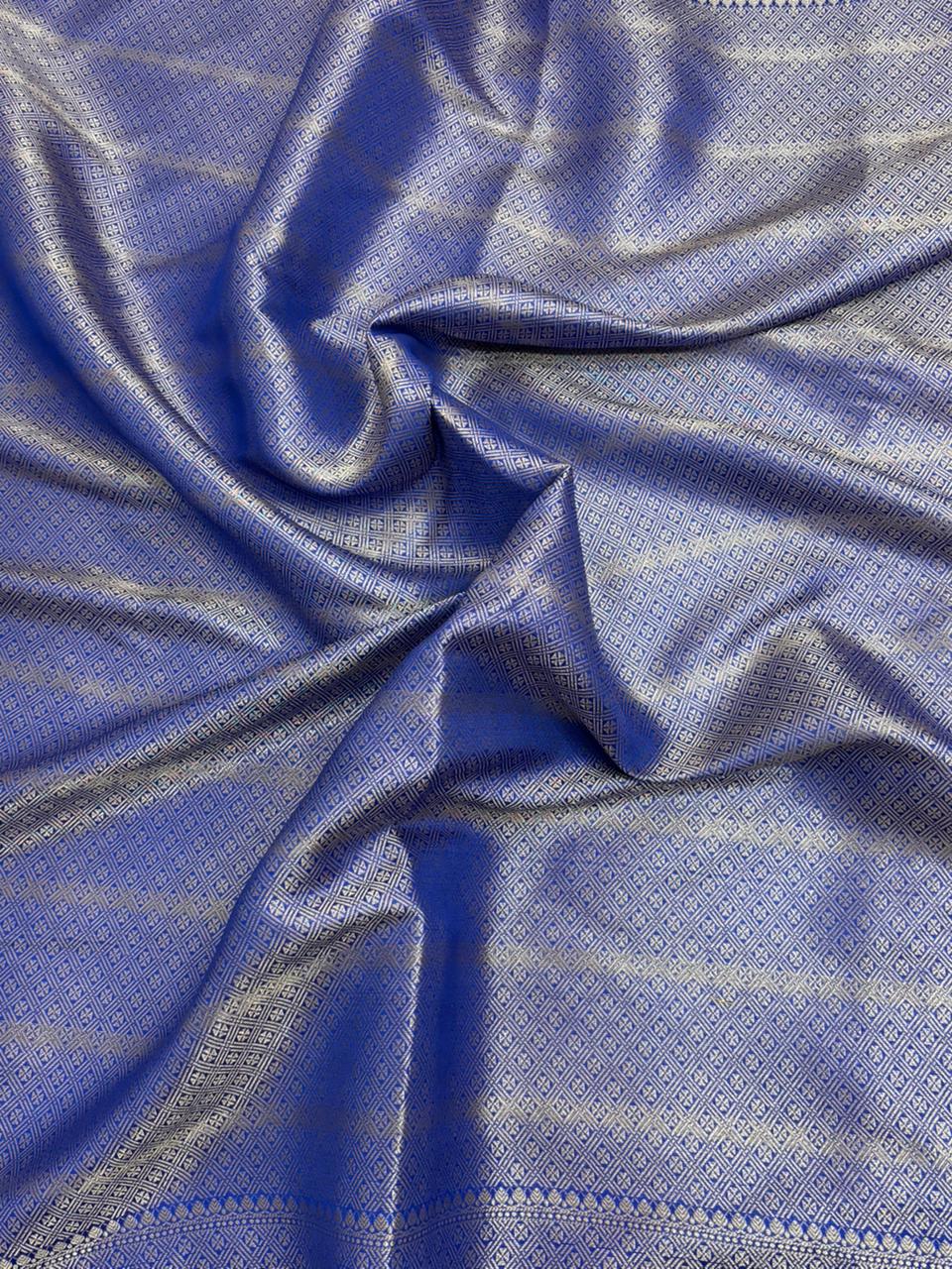 Royal Blue Chiniya Silk Saree with Silver Zari Motifs - Salam Silk Sarees