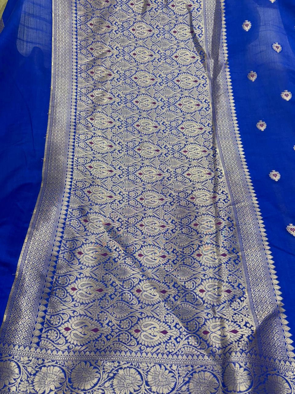 Royal Blue Chiniya Silk Saree with Silver Zari Motifs - Salam Silk Sarees