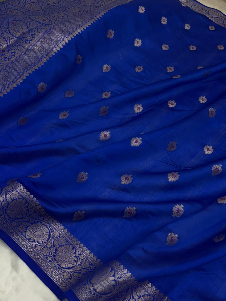 Royal Blue Chiniya Silk Saree with Silver Zari Motifs - Salam Silk Sarees