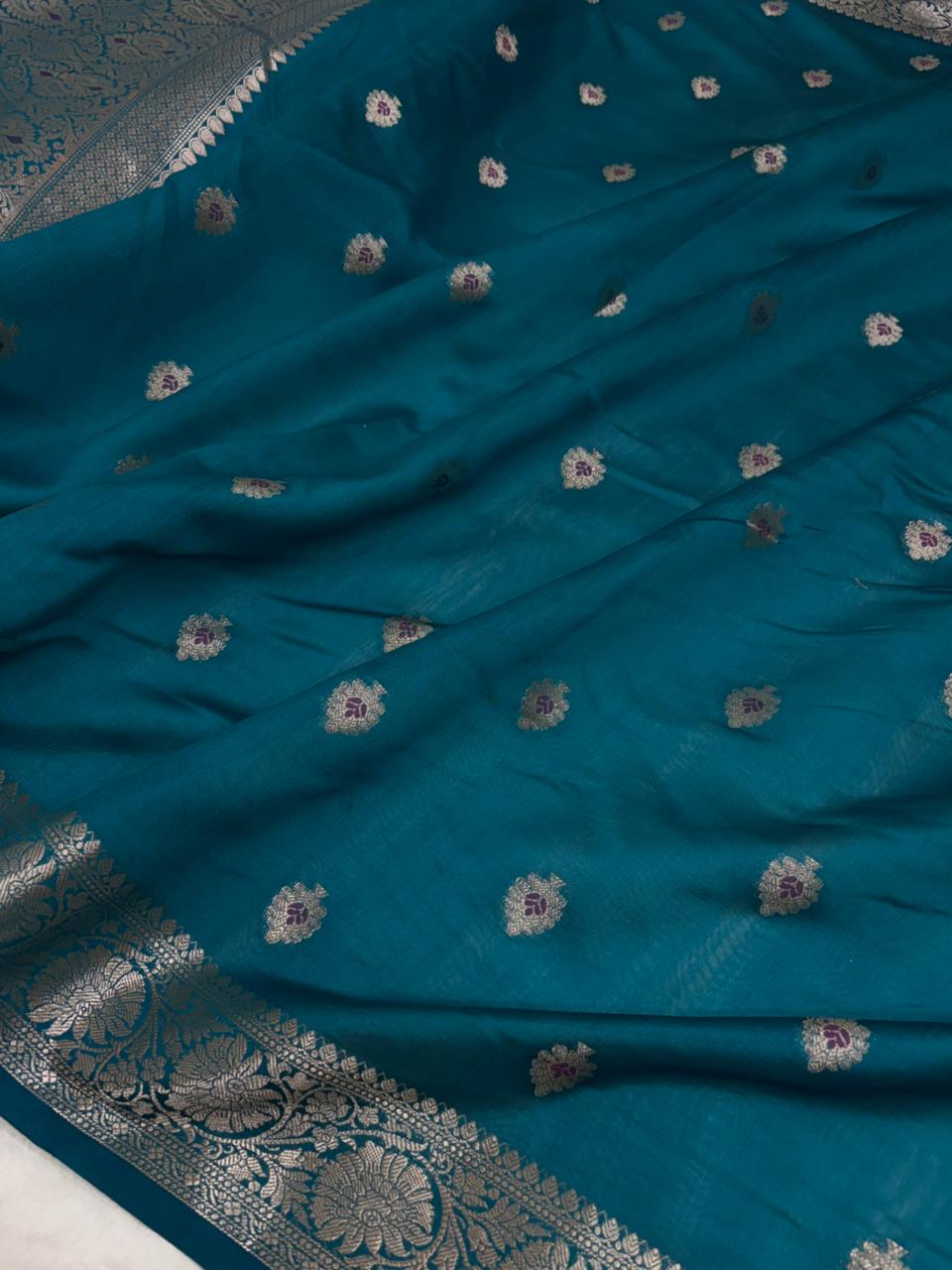 Teal Blue Chiniya Silk Saree with Silver Zari Border - Salam Silk Sarees