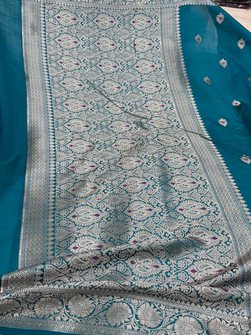 Teal Blue Chiniya Silk Saree with Silver Zari Border - Salam Silk Sarees