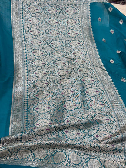 Teal Blue Chiniya Silk Saree with Silver Zari Border - Salam Silk Sarees