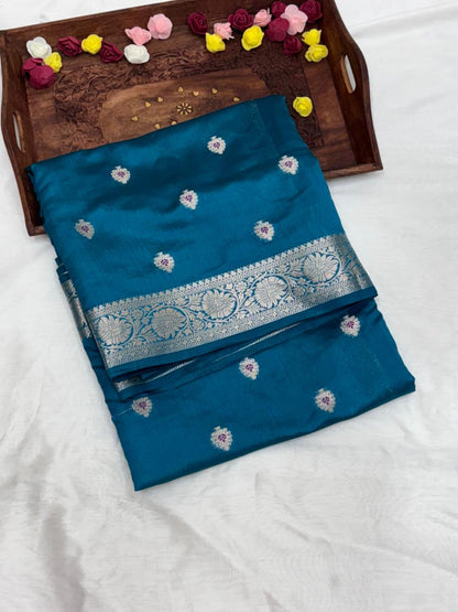 Teal Blue Chiniya Silk Saree with Silver Zari Border - Salam Silk Sarees