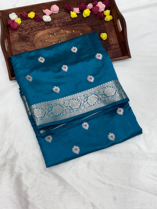 Teal Blue Chiniya Silk Saree with Silver Zari Border - Salam Silk Sarees
